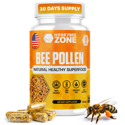 HONEYBEEZONE Bee Pollen Supplement - 100% Natural Veggie Caps