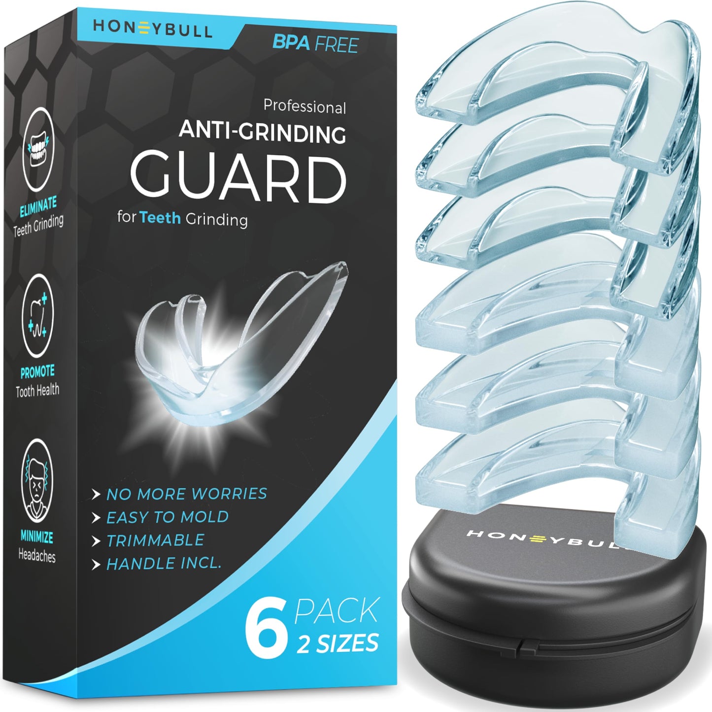 HONEYBULL Anti Grinding Guard Set – 6 Pack, 2 Sizes | Custom Mouth Guard for Teeth Grinding