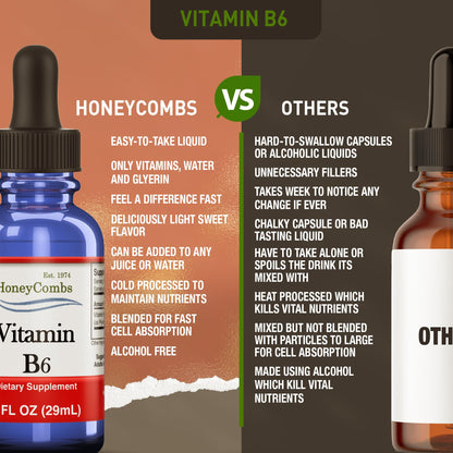 HoneyCombs Vitamin B6 Pyridoxine Liquid Drops – Made in USA, 500% DV per Serving, 36 Servings, Vegan
