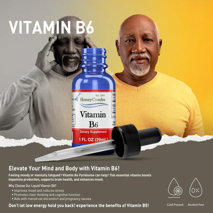 HoneyCombs Vitamin B6 Pyridoxine Liquid Drops – Made in USA, 500% DV per Serving, 36 Servings, Vegan