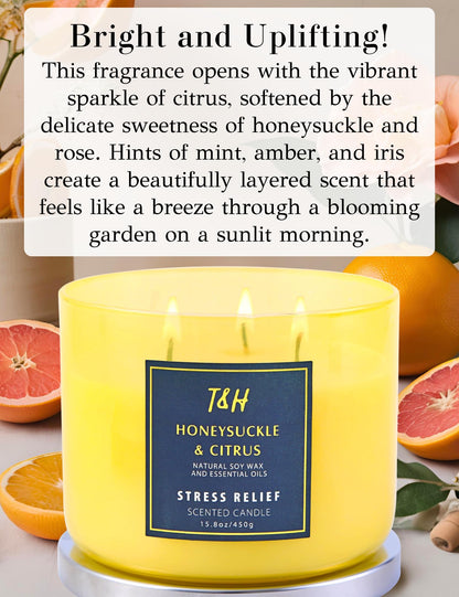 Honeysuckle Citrus Grapefruit 3-Wick Soy Candle - 15.8 oz | Aromatherapy Home Candle | Long-Lasting Clean Burn | Stress Relief Gift