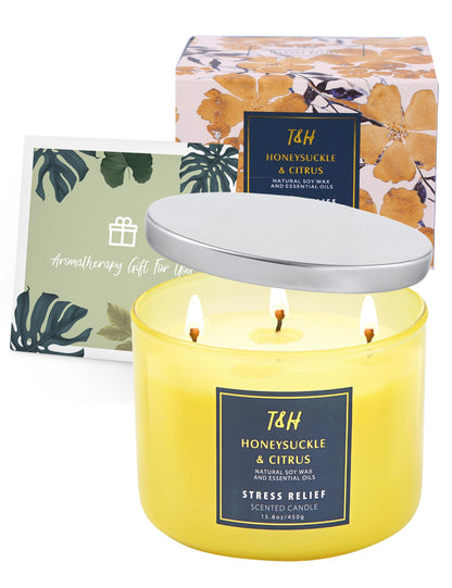 Honeysuckle Citrus Grapefruit 3-Wick Soy Candle - 15.8 oz | Aromatherapy Home Candle | Long-Lasting Clean Burn | Stress Relief Gift
