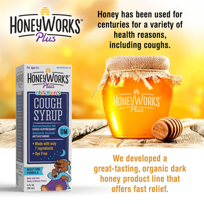 HoneyWorks Nighttime Cough Syrup for Kids – Organic Honey, Ivy Leaf, Melatonin | 4 oz