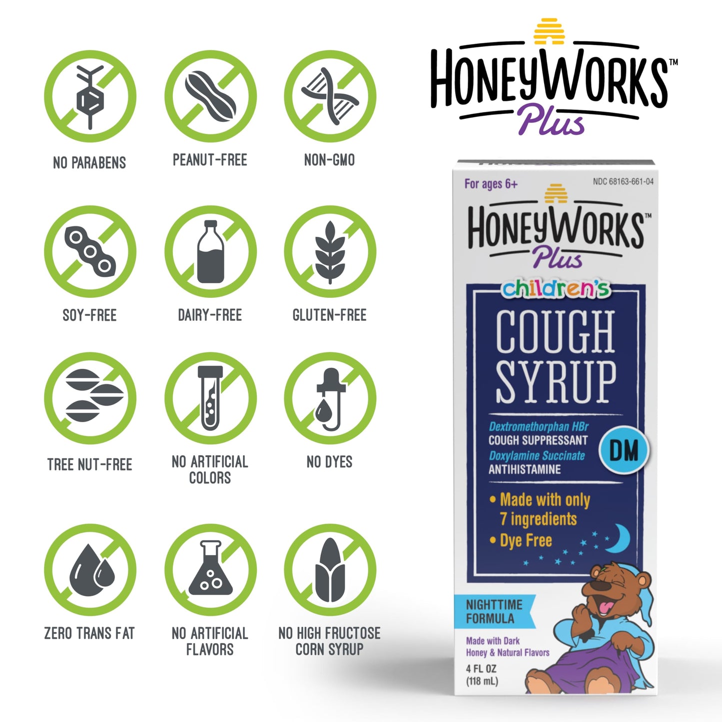 HoneyWorks Nighttime Cough Syrup for Kids – Organic Honey, Ivy Leaf, Melatonin | 4 oz