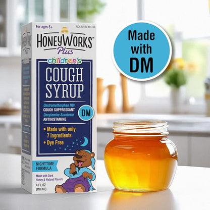HoneyWorks Nighttime Cough Syrup for Kids – Organic Honey, Ivy Leaf, Melatonin | 4 oz