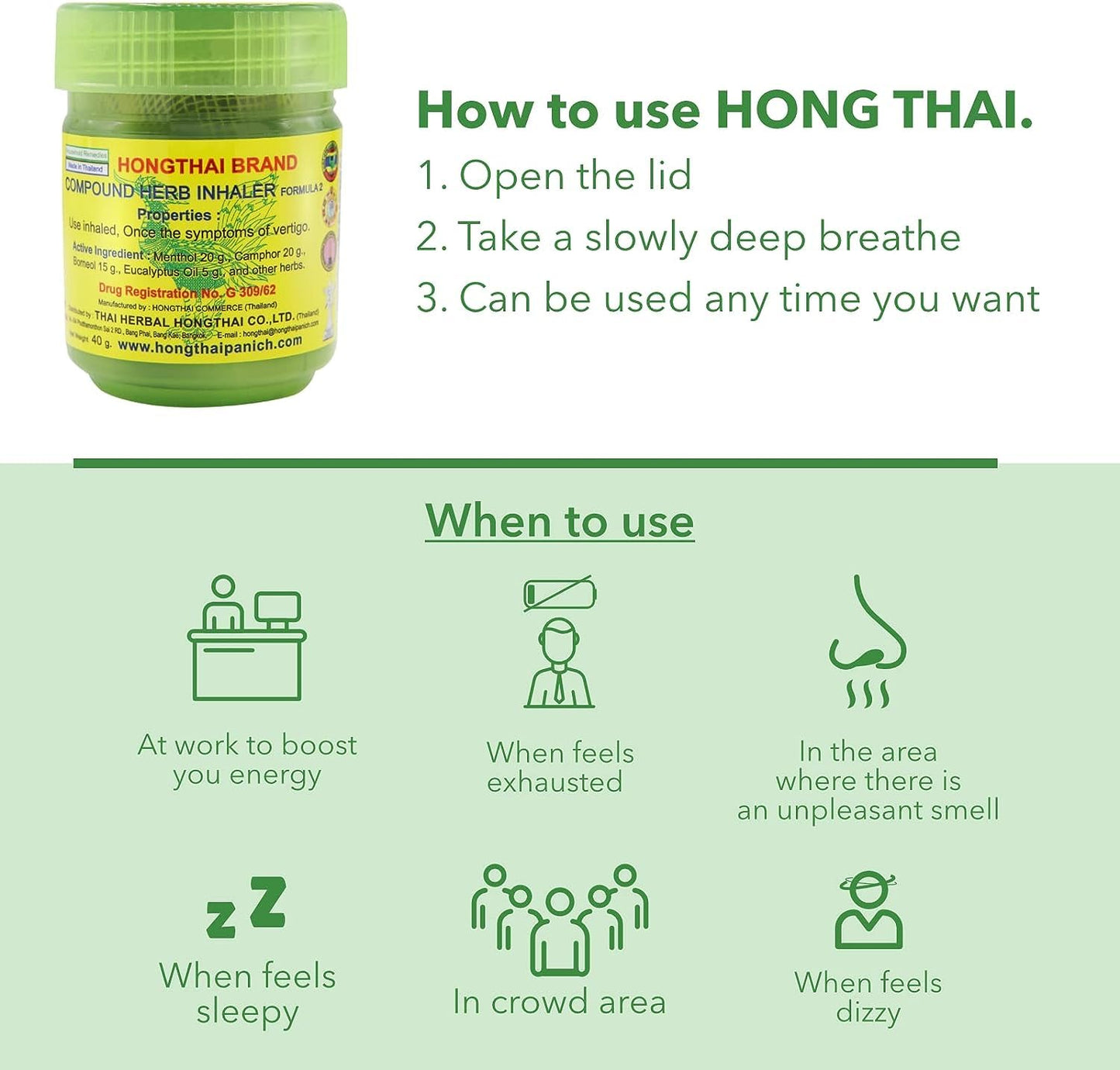 HONG THAI Compound Thai Herb Inhalant 10g Pack of 2 – Mood Enhancer & Relaxing Aroma