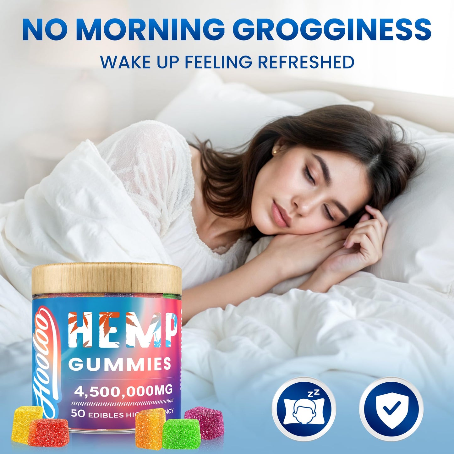 HOOLOO Hemp Gummies for Deep Bedtimes, Unwind, Focus - 6 Fruity Flavors Big Cubes Gummy Infused Vitamins Omega 3 - Extra Stength 4,500,000mg for Adults - Made in USA