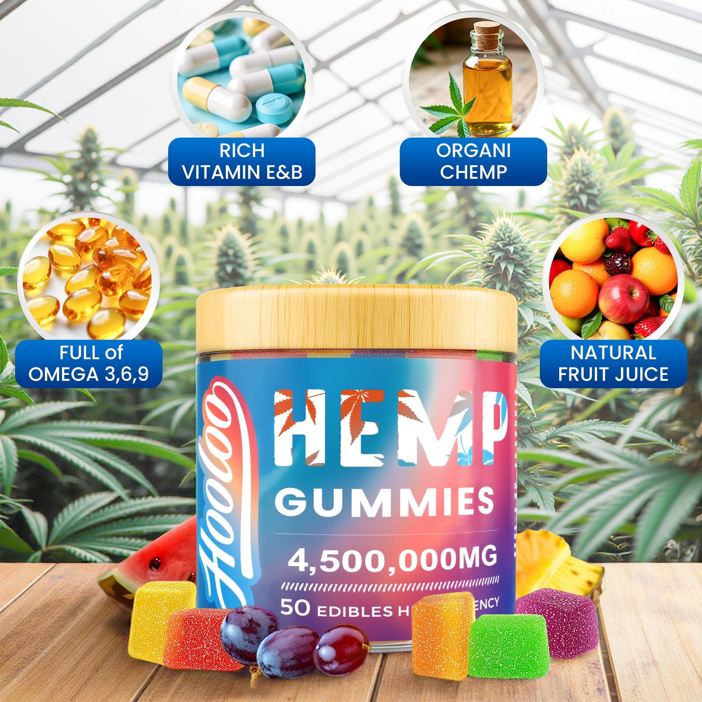 HOOLOO Hemp Gummies for Deep Bedtimes, Unwind, Focus - 6 Fruity Flavors Big Cubes Gummy Infused Vitamins Omega 3 - Extra Stength 4,500,000mg for Adults - Made in USA