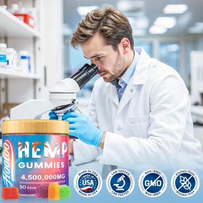 HOOLOO Hemp Gummies for Deep Bedtimes, Unwind, Focus - 6 Fruity Flavors Big Cubes Gummy Infused Vitamins Omega 3 - Extra Stength 4,500,000mg for Adults - Made in USA