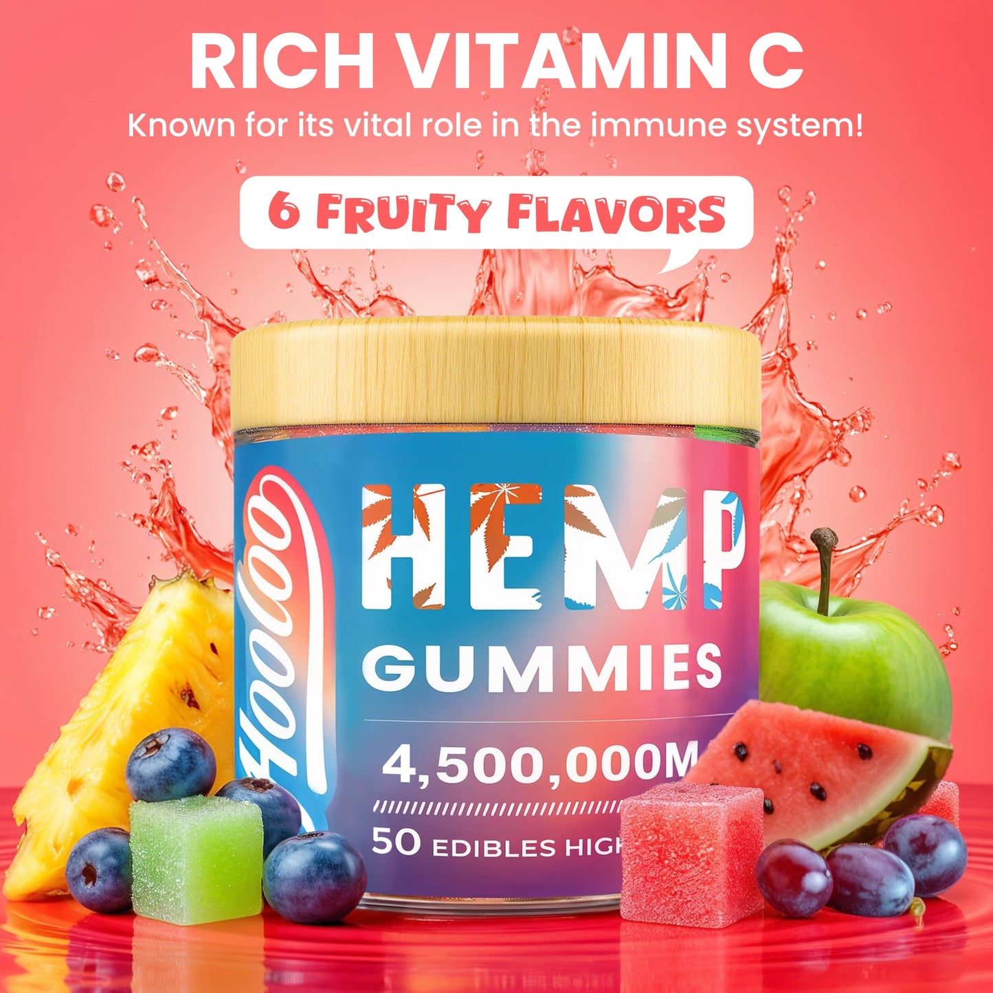 HOOLOO Hemp Gummies for Deep Bedtimes, Unwind, Focus - 6 Fruity Flavors Big Cubes Gummy Infused Vitamins Omega 3 - Extra Stength 4,500,000mg for Adults - Made in USA