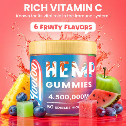 HOOLOO Hemp Gummies for Deep Bedtimes, Unwind, Focus - 6 Fruity Flavors Big Cubes Gummy Infused Vitamins Omega 3 - Extra Stength 4,500,000mg for Adults - Made in USA