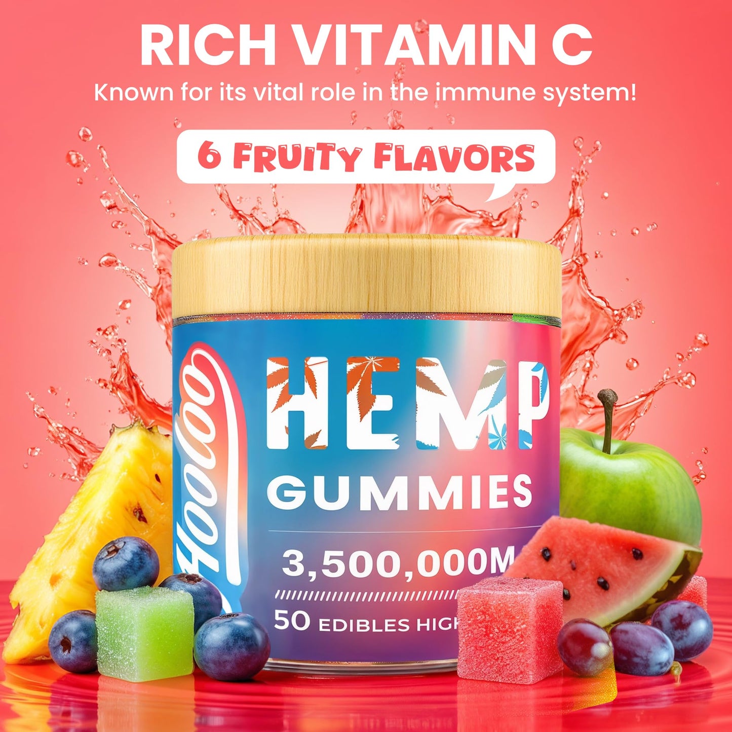 HOOLOO Hemp Gummies Big Cubes Extra Strength for Bedtime Support, Unwind, 2 Packs, 6 Fruity Flavors Chewable Hemp Gummy Vitamins for Adults, Made in USA