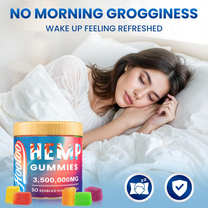 HOOLOO Hemp Gummies Big Cubes Extra Strength for Bedtime Support, Unwind, 2 Packs, 6 Fruity Flavors Chewable Hemp Gummy Vitamins for Adults, Made in USA