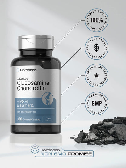 Horbäach Glucosamine Chondroitin + MSM & Turmeric | 180 Coated Caplets | Non-GMO Gluten Free
