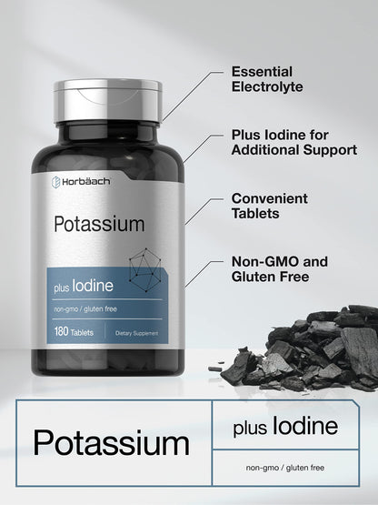 Horbäach Potassium Chloride Supplement | Plus Iodine | 180 Vegetarian Tablets | Non-GMO & Gluten Free