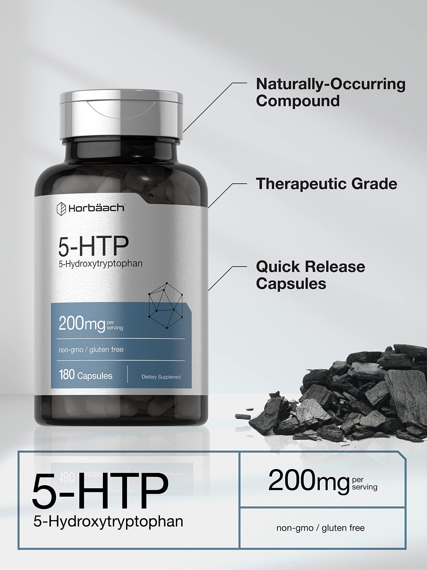 Horbäach 5-HTP 200mg Supplement | 180 Capsules | Non-GMO, Gluten Free
