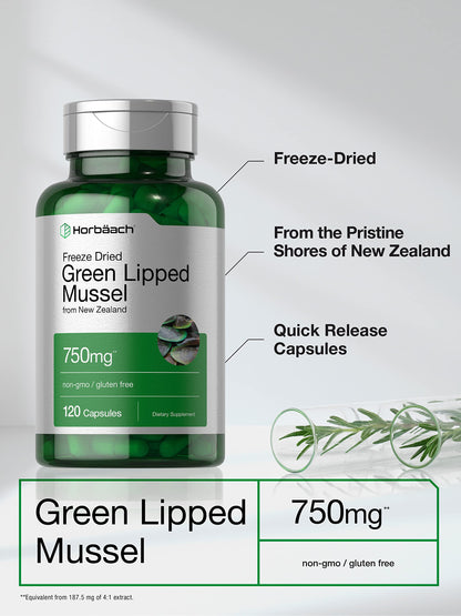 Horbäach Green Lipped Mussel 750 mg – 120 Capsules | NZ Freeze-Dried Mussel Powder | Non-GMO & Gluten Free