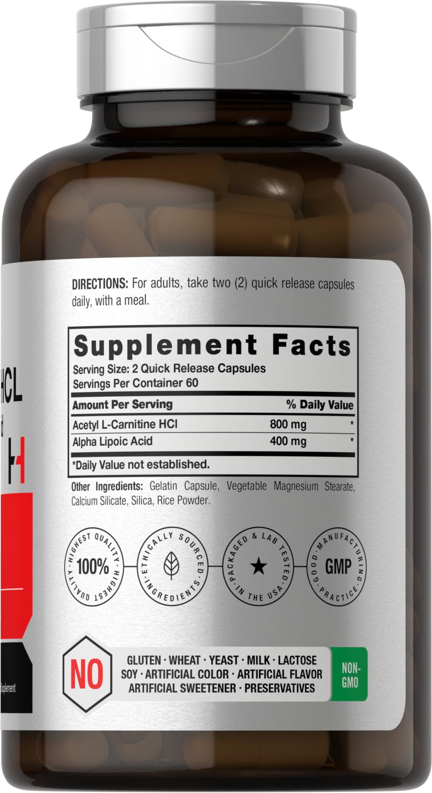Horbäach Acetyl L-Carnitine HCL & Alpha Lipoic Acid 1200mg | 120 Capsules | ALC ALA Complex | Non-GMO & Gluten Free