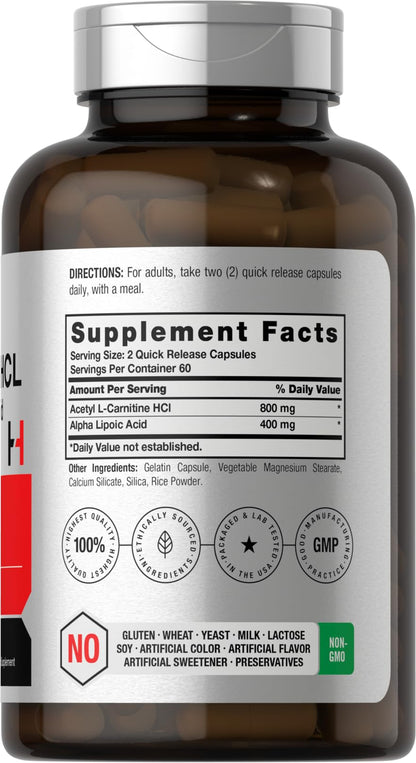Horbäach Acetyl L-Carnitine HCL & Alpha Lipoic Acid 1200mg | 120 Capsules | ALC ALA Complex | Non-GMO & Gluten Free