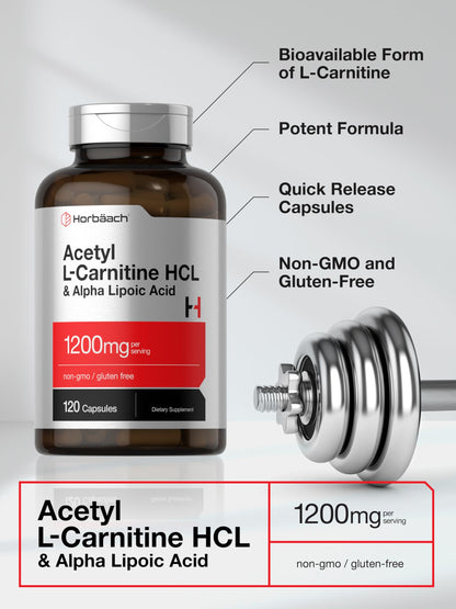 Horbäach Acetyl L-Carnitine HCL & Alpha Lipoic Acid 1200mg | 120 Capsules | ALC ALA Complex | Non-GMO & Gluten Free