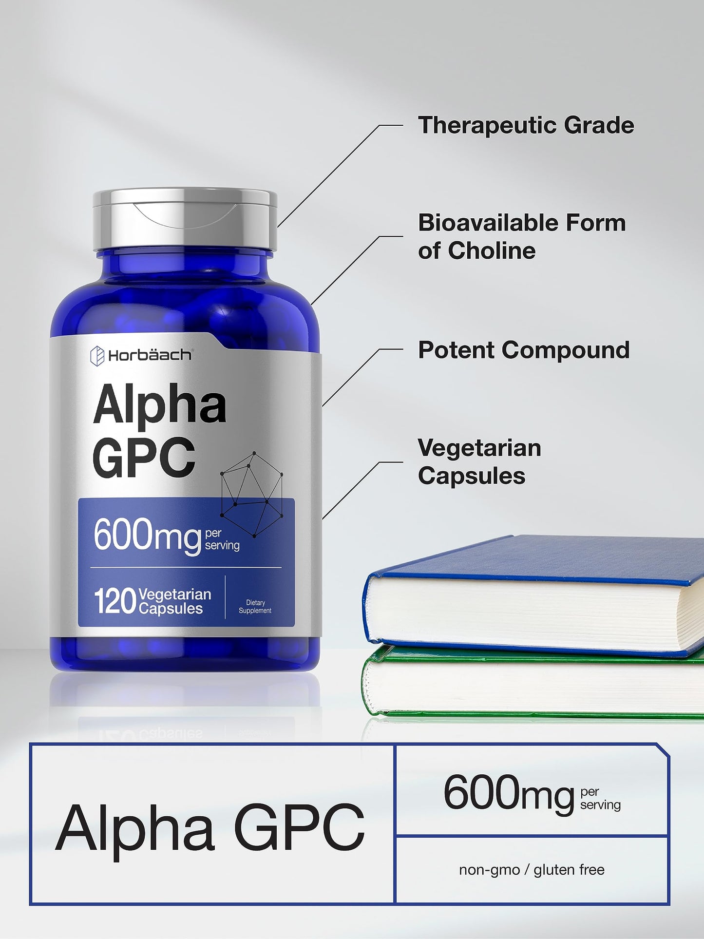 Horbäach Alpha GPC 600mg | 120 Capsules | Vegetarian, Non-GMO & Gluten Free