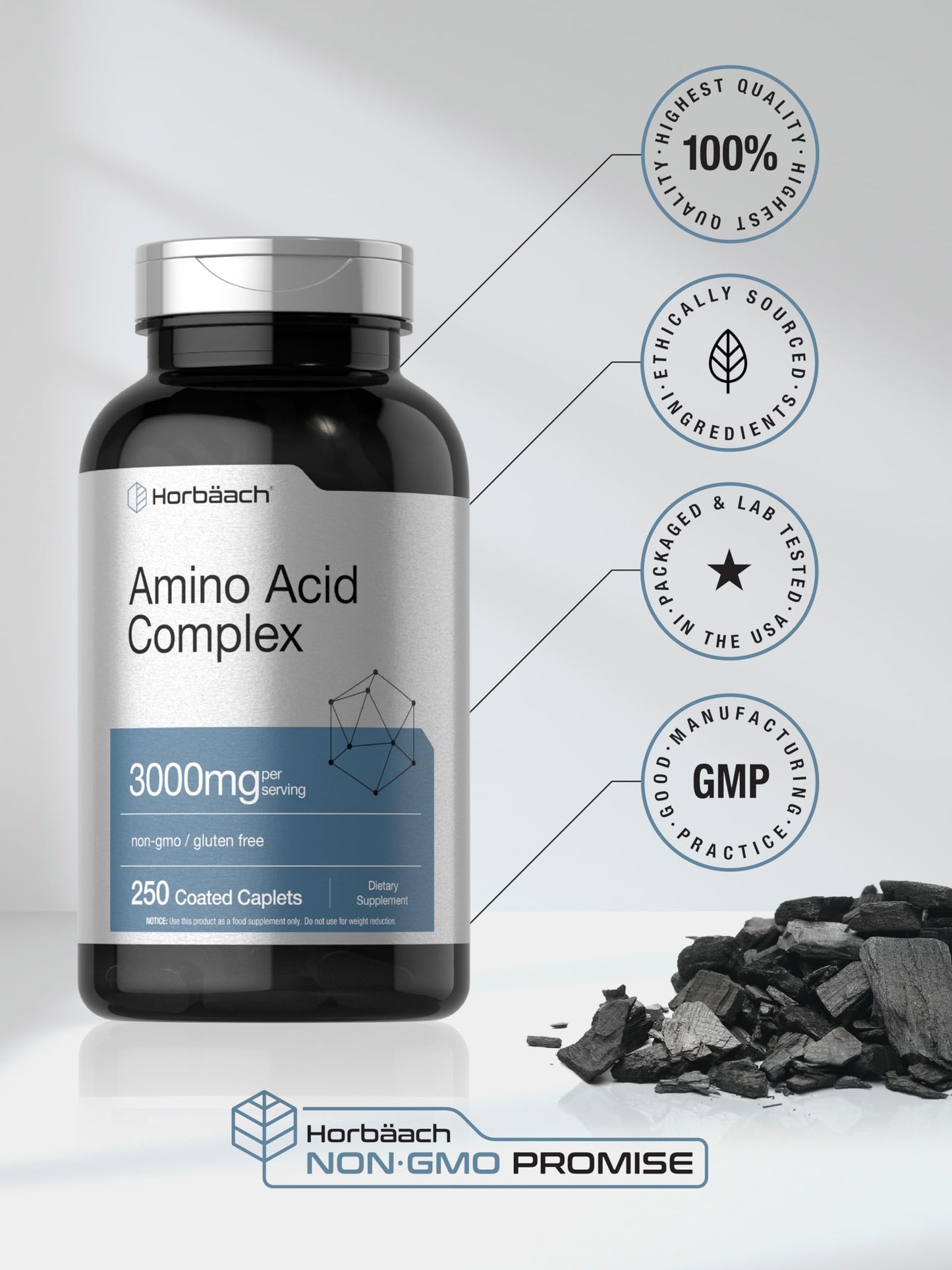 Horbäach Amino Acid Complex 3000mg | 250 Caplets | Non-GMO, Gluten Free Supplement