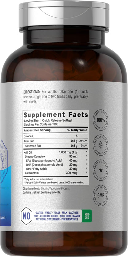 Horbaach Antarctic Krill Oil 1000mg Softgels – 300 Count | Omega-3 EPA/DHA with Astaxanthin | Non-GMO, Gluten Free