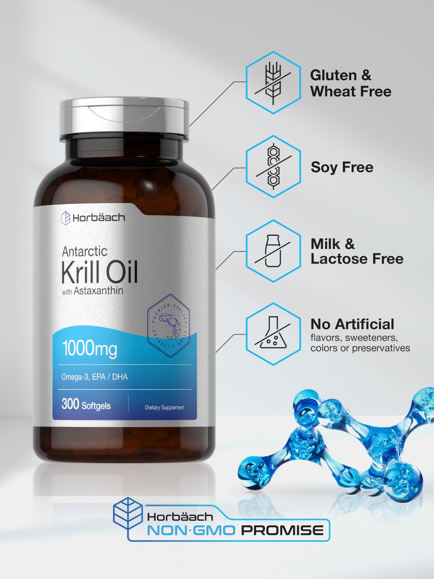 Horbaach Antarctic Krill Oil 1000mg Softgels – 300 Count | Omega-3 EPA/DHA with Astaxanthin | Non-GMO, Gluten Free