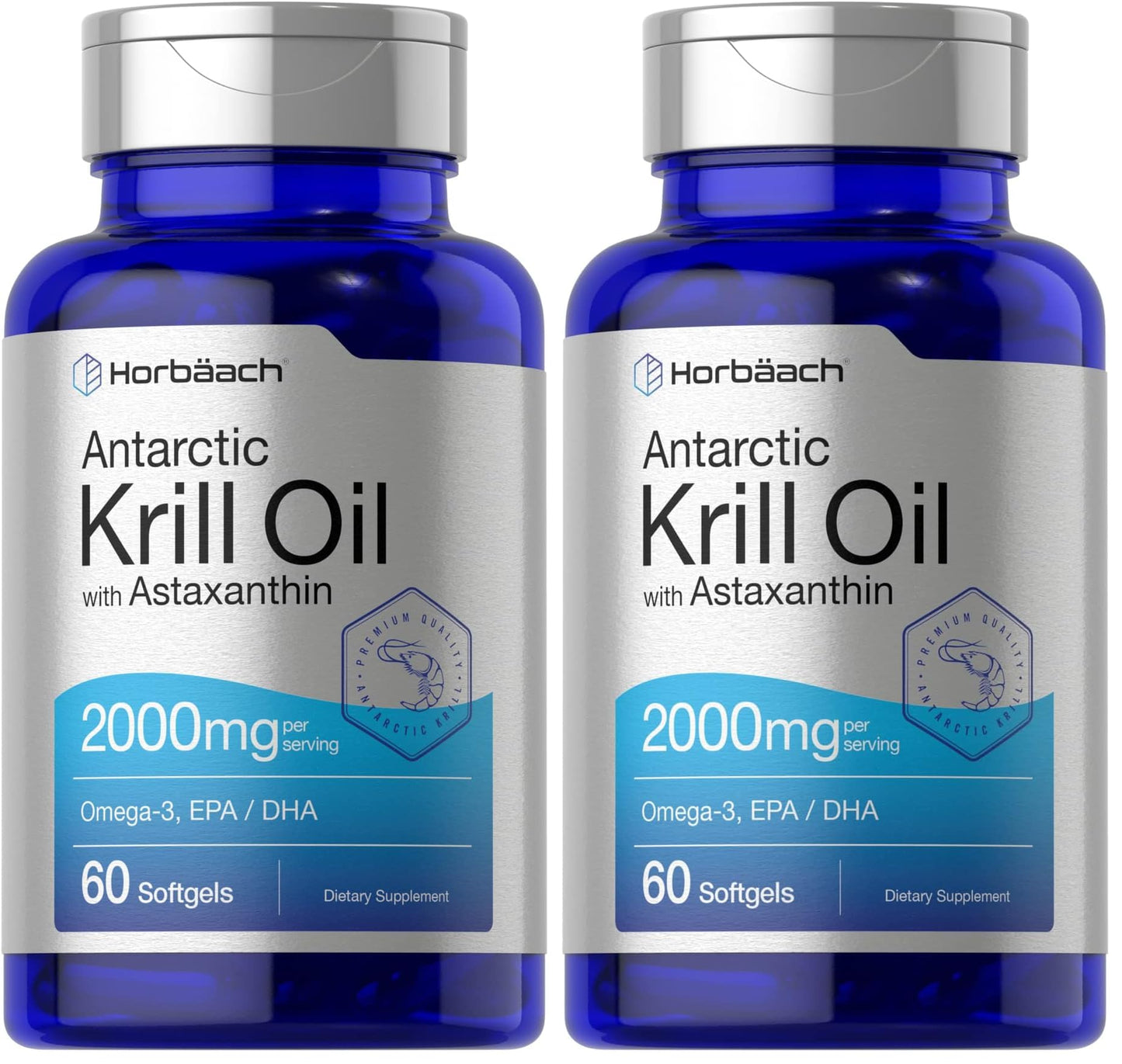 Horbäach Antarctic Krill Oil 2000mg | 60 Softgels | Omega-3 + Astaxanthin | Non-GMO, Gluten Free | Pack of 2