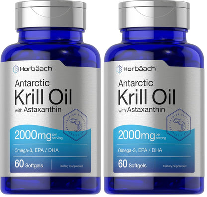 Horbäach Antarctic Krill Oil 2000mg | 60 Softgels | Omega-3 + Astaxanthin | Non-GMO, Gluten Free | Pack of 2