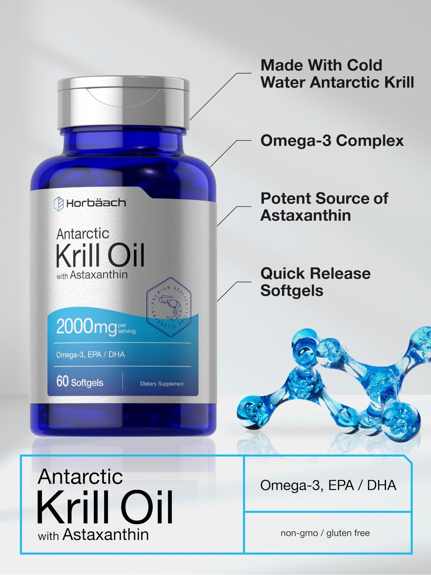 Horbäach Antarctic Krill Oil 2000mg | 60 Softgels | Omega-3 EPA/DHA