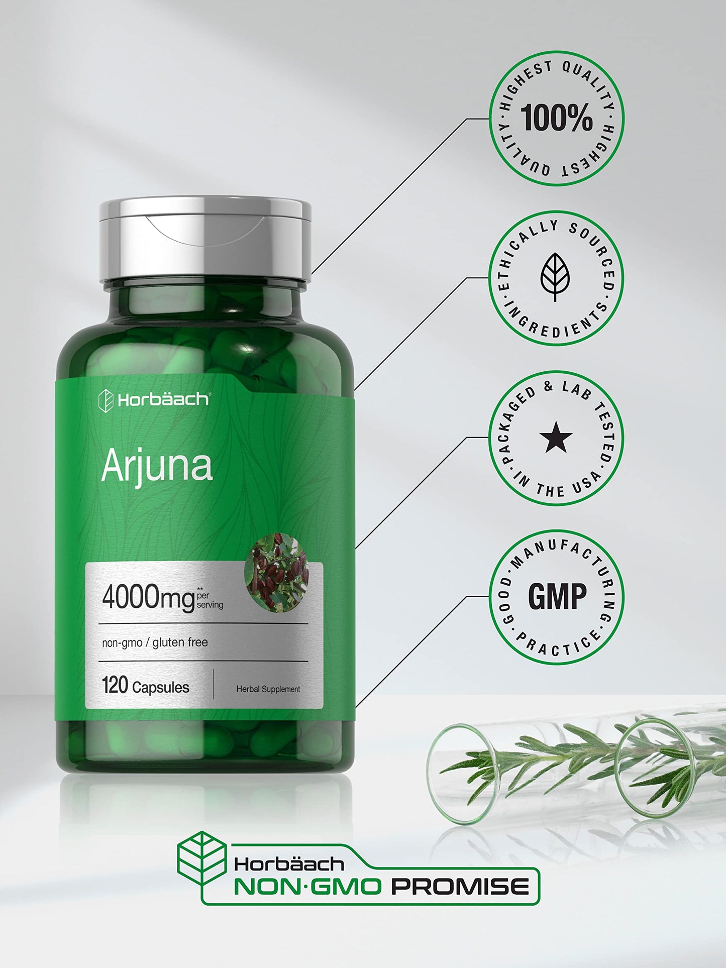 Horbaach Arjuna Capsules 4000mg – 120 Count | Non-GMO, Gluten Free | Arjuna Bark Extract