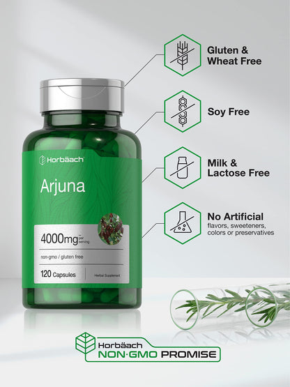 Horbaach Arjuna Capsules 4000mg – 120 Count | Non-GMO, Gluten Free | Arjuna Bark Extract