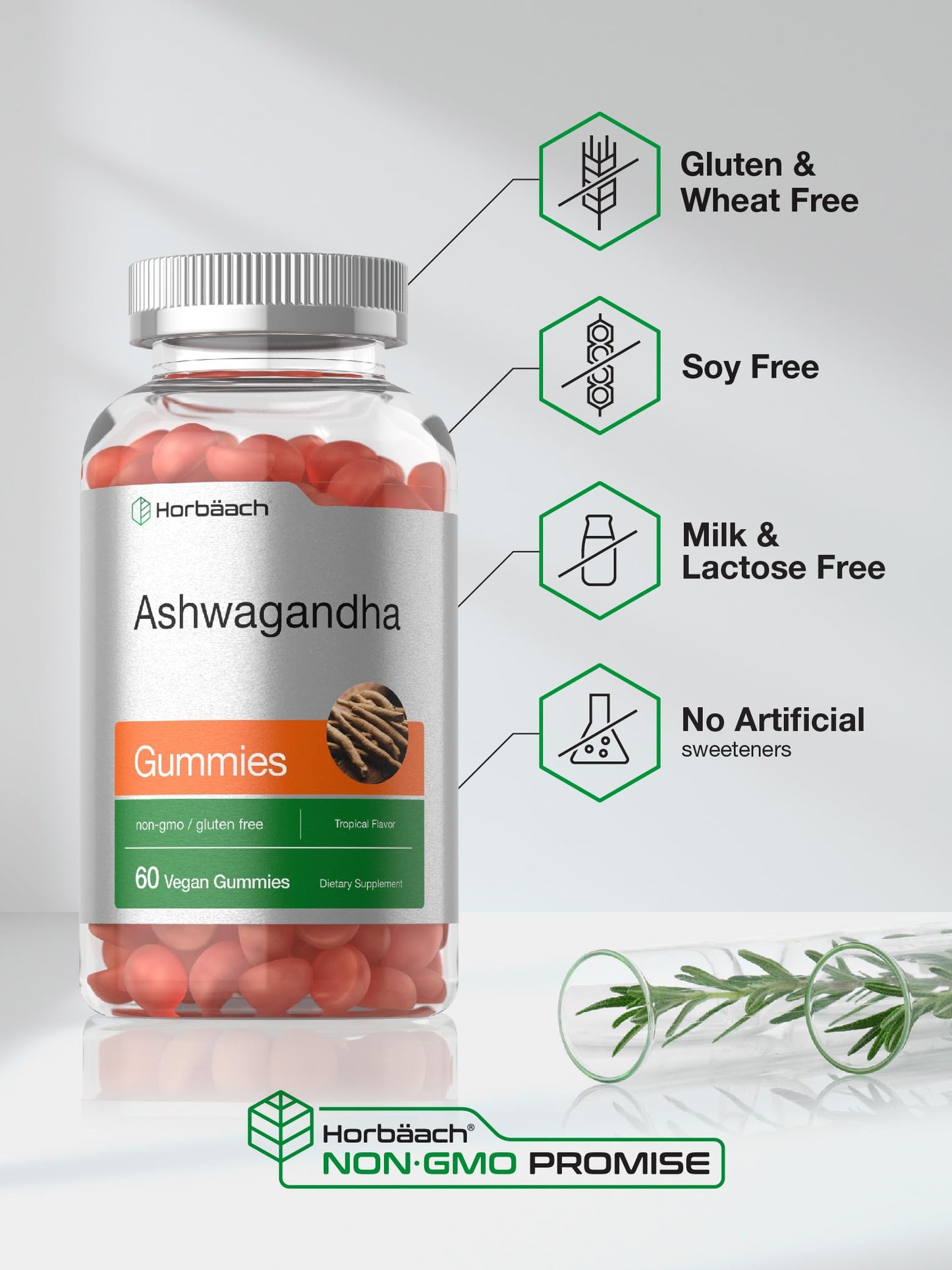 Horbäach Ashwagandha Gummies for Women and Men | 60 Count | Vegan, Non-GMO, Gluten Free Supplement | Tropical Flavor