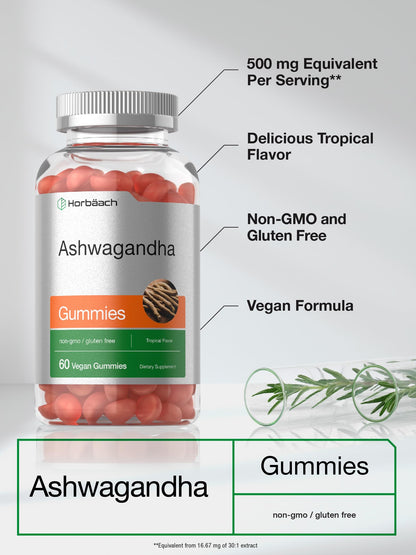 Horbäach Ashwagandha Gummies for Women and Men | 60 Count | Vegan, Non-GMO, Gluten Free | Tropical Flavor (Pack of 2)