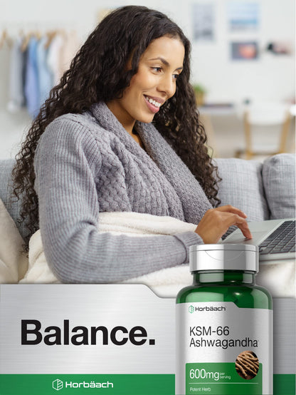 Horbäach KSM-66 Ashwagandha 600mg with L-Theanine | 60 Caplets, Vegan