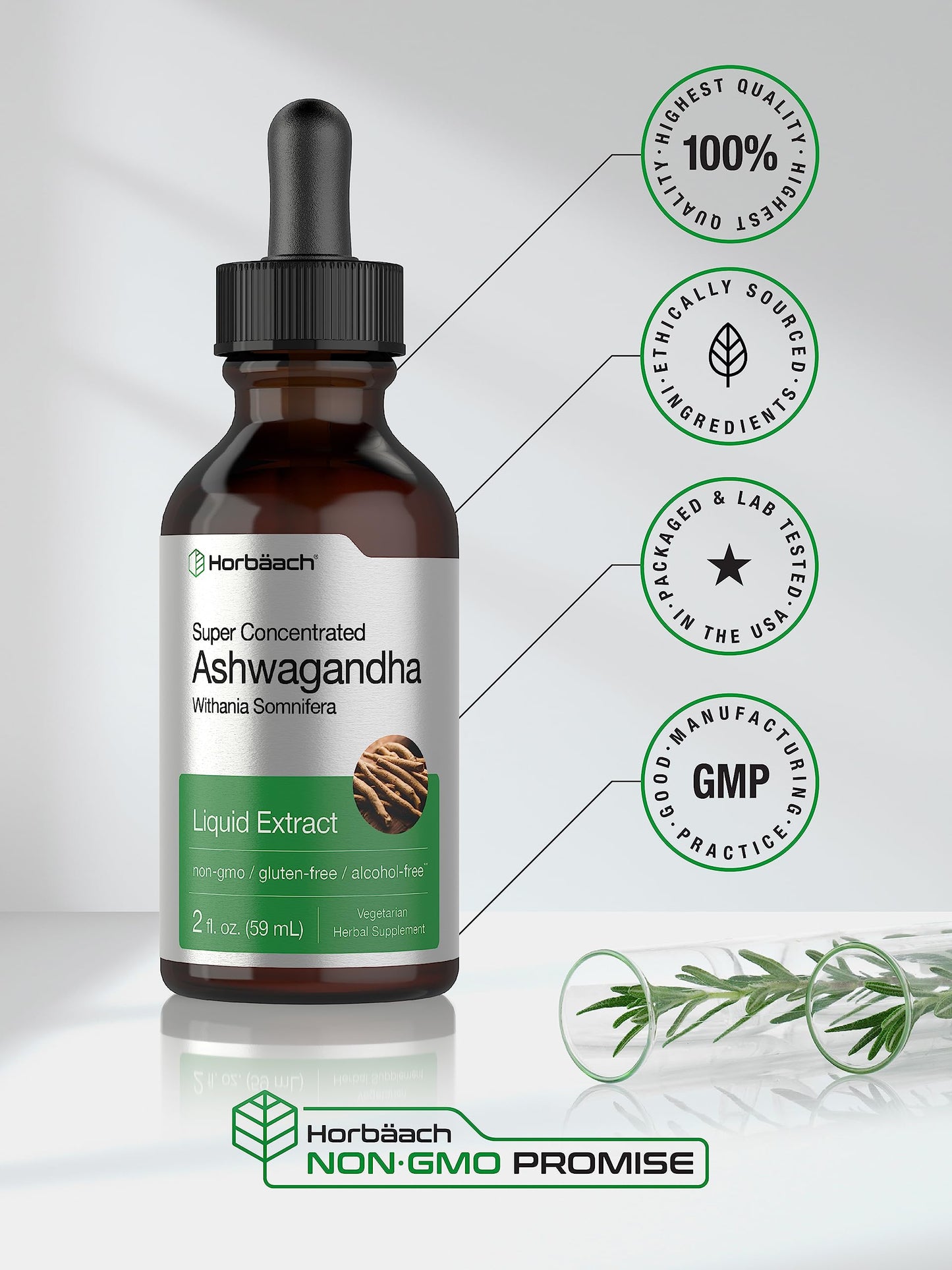 Horbäach Ashwagandha Liquid Drops - 2 Fl Oz | Alcohol-Free Tincture | Vegetarian, Non-GMO