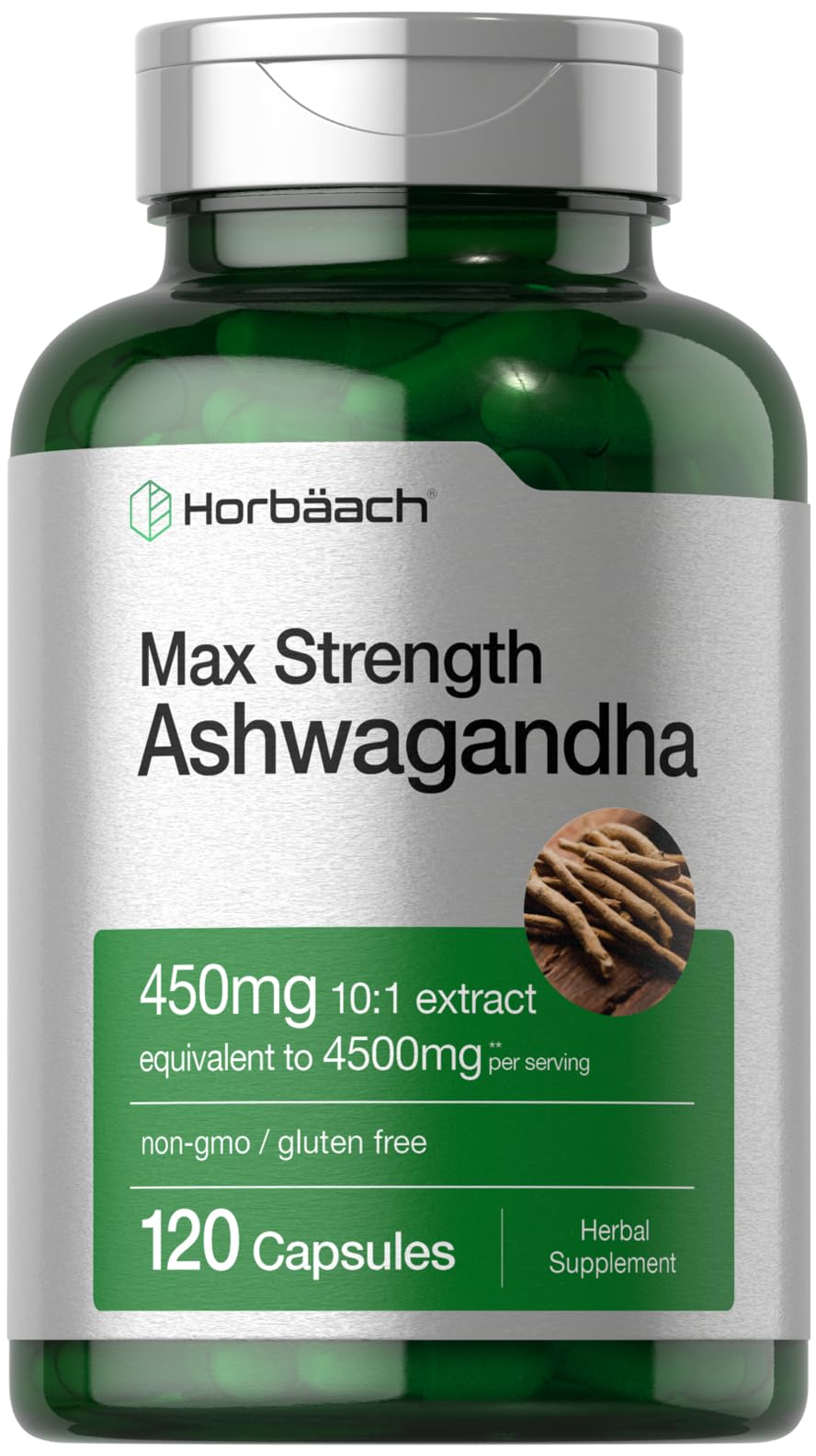 Horbäach Ashwagandha Supplement | Max Strength, 120 Capsules | Non-GMO & Gluten Free