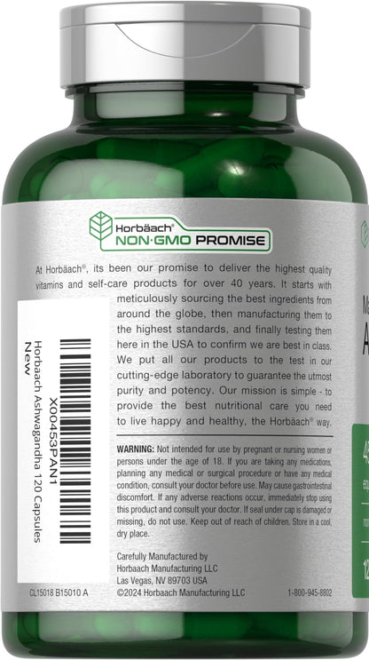 Horbäach Ashwagandha Supplement | Max Strength, 120 Capsules | Non-GMO & Gluten Free