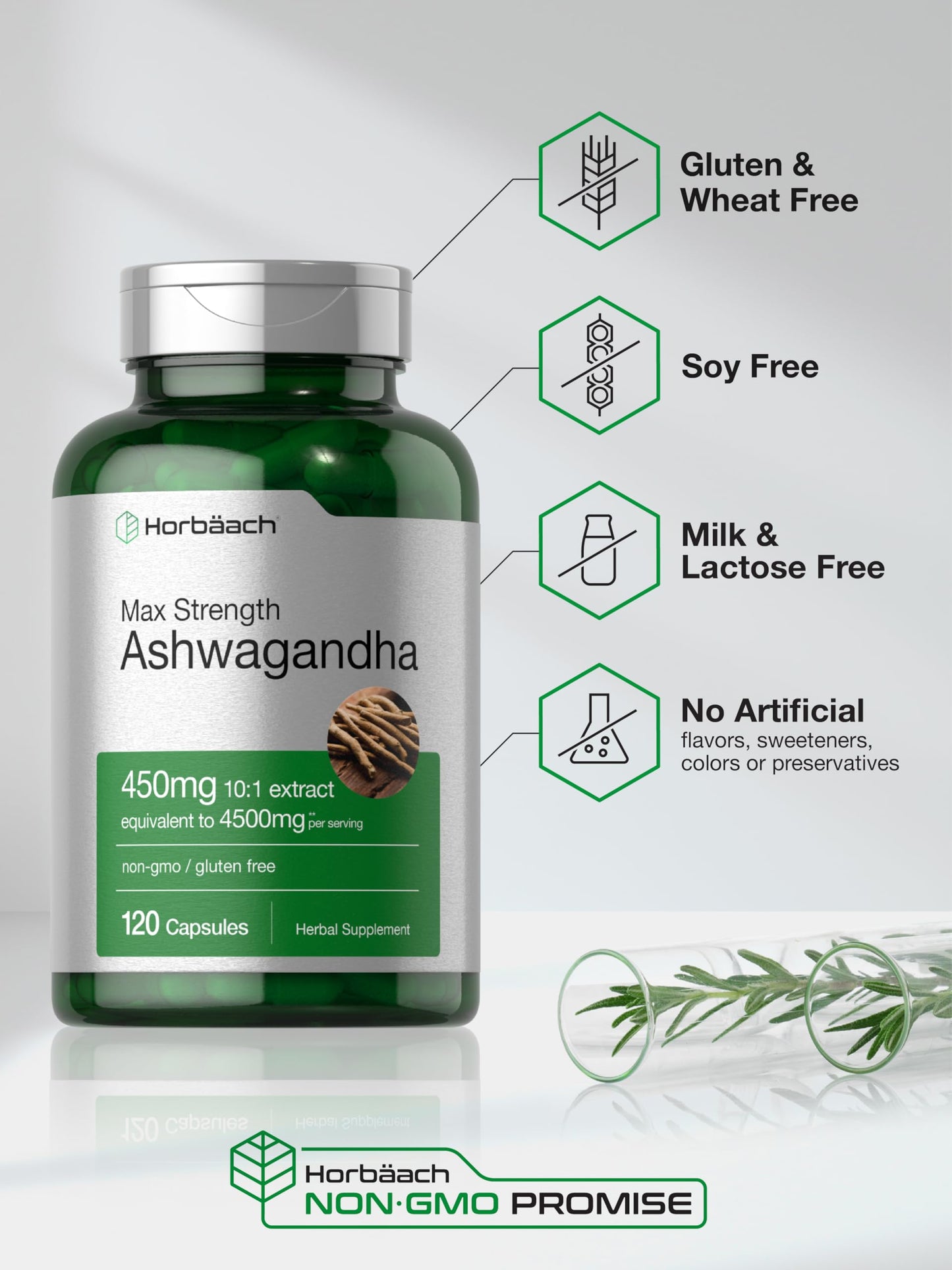 Horbäach Ashwagandha Supplement | Max Strength, 120 Capsules | Non-GMO & Gluten Free