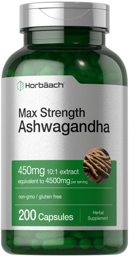 Horbäach Ashwagandha Supplement | Max Strength 200 Capsules | Non-GMO, Gluten Free | For Women and Men