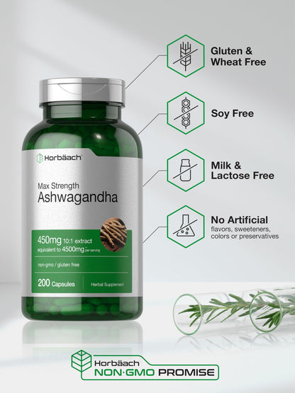 Horbäach Ashwagandha Supplement | Max Strength 200 Capsules | Non-GMO, Gluten Free | For Women and Men