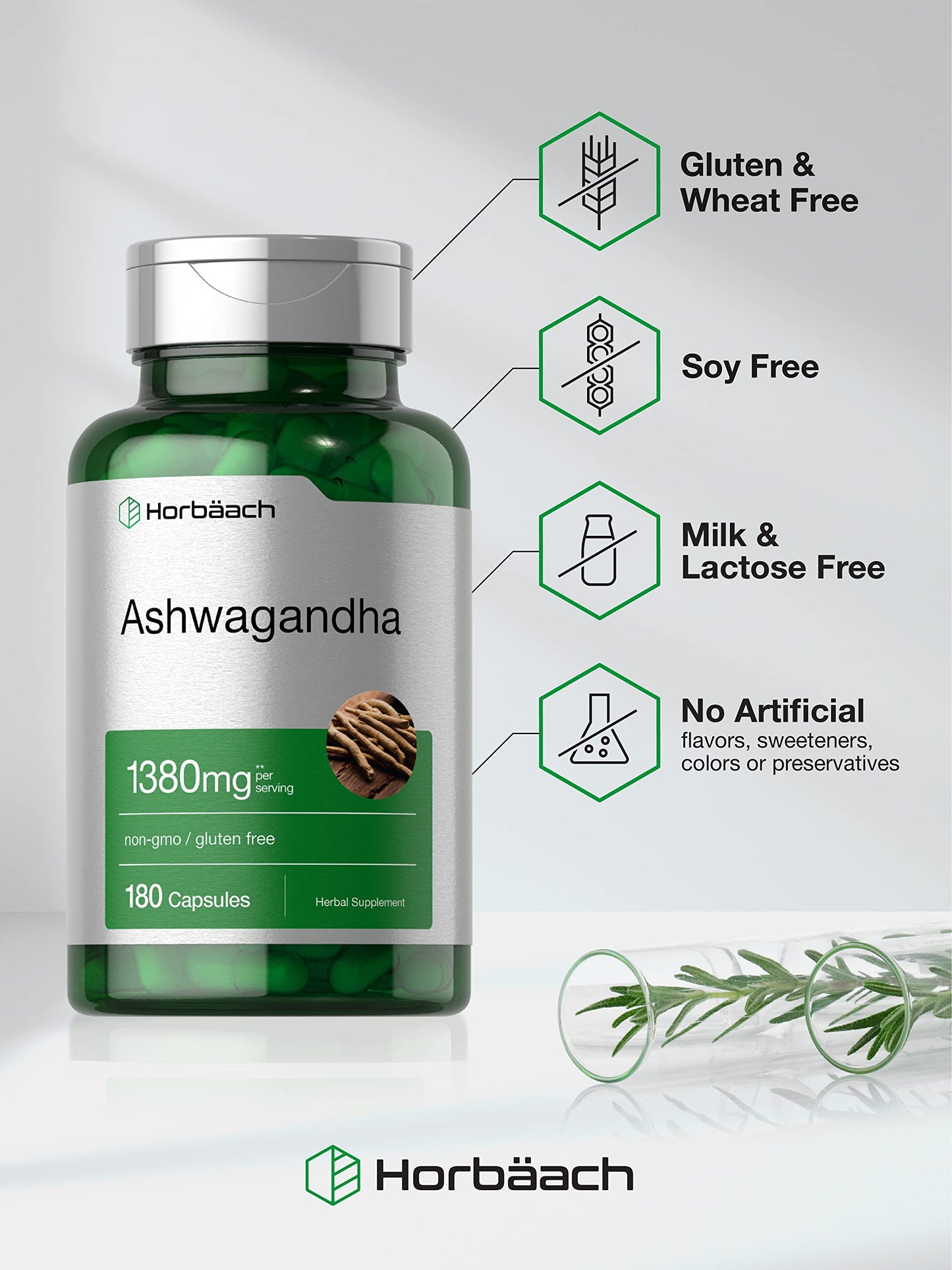 Horbäach Ashwagandha Supplement | 180 Capsules | For Women & Men | Non-GMO, Gluten Free | Herbal Root Extract