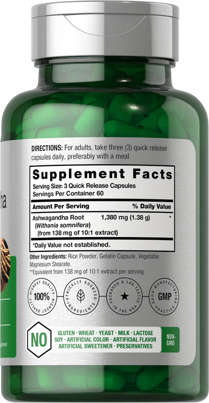 Horbäach Ashwagandha Supplement | 180 Capsules | For Women & Men | Non-GMO, Gluten Free | Herbal Root Extract