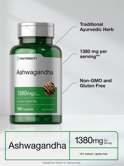 Horbäach Ashwagandha Supplement | 180 Capsules | For Women & Men | Non-GMO, Gluten Free | Herbal Root Extract