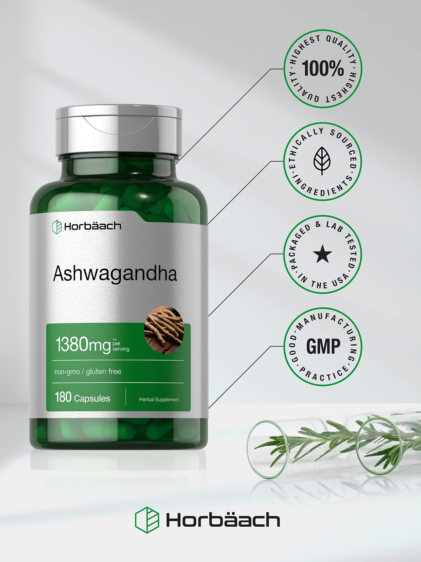 Horbäach Ashwagandha Supplement | 180 Capsules | For Women & Men | Non-GMO, Gluten Free | Herbal Root Extract