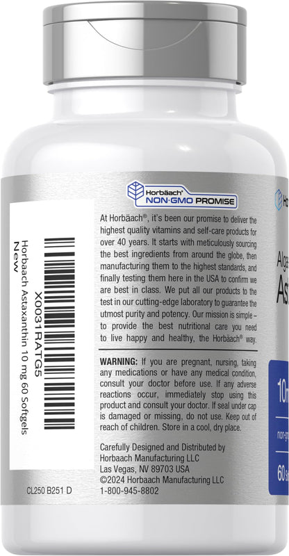 Horbäach Astaxanthin 10mg – 60 Softgels | Algae-Derived, Non-GMO, Gluten Free