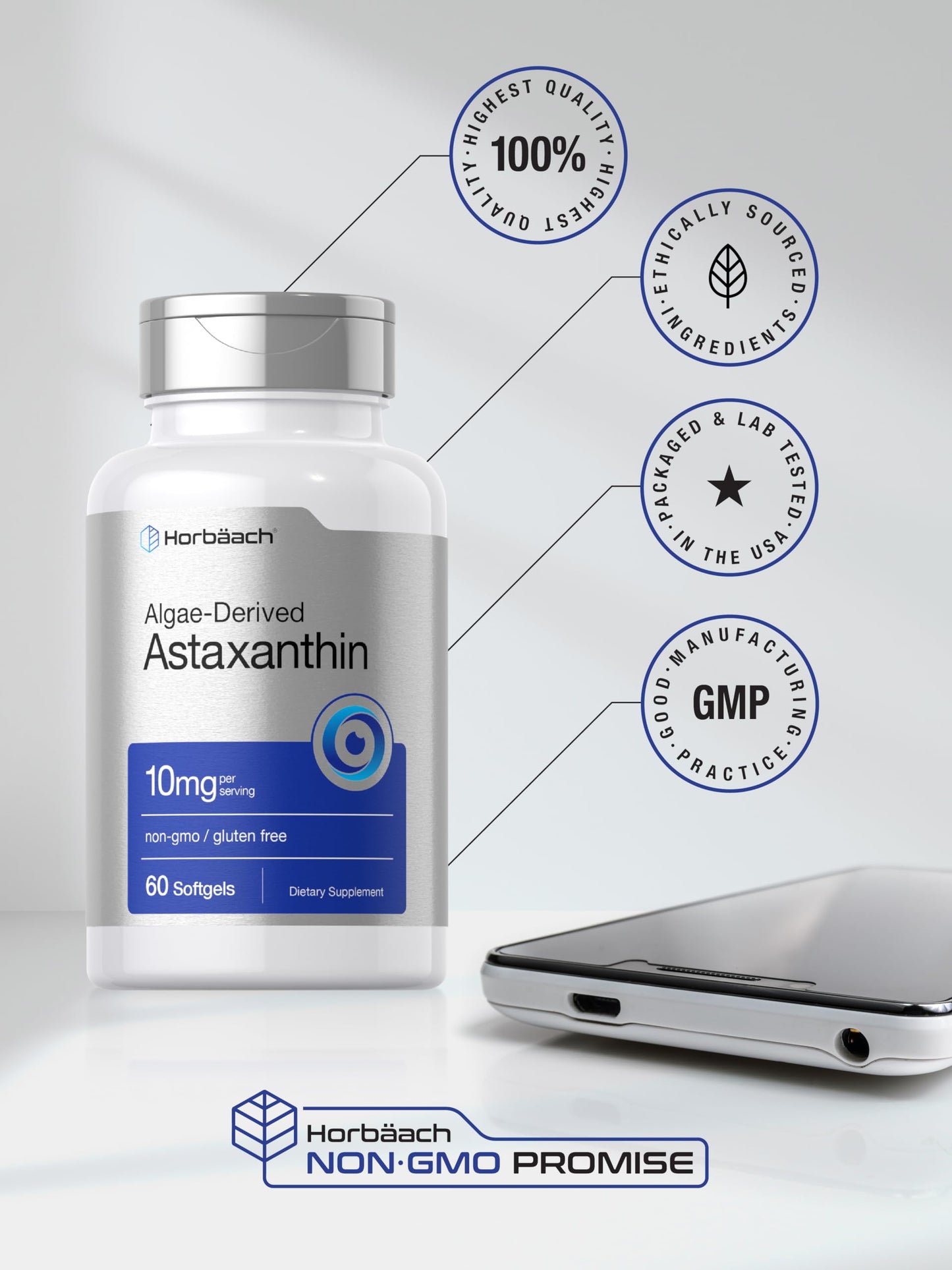 Horbäach Astaxanthin 10mg – 60 Softgels | Algae-Derived, Non-GMO, Gluten Free