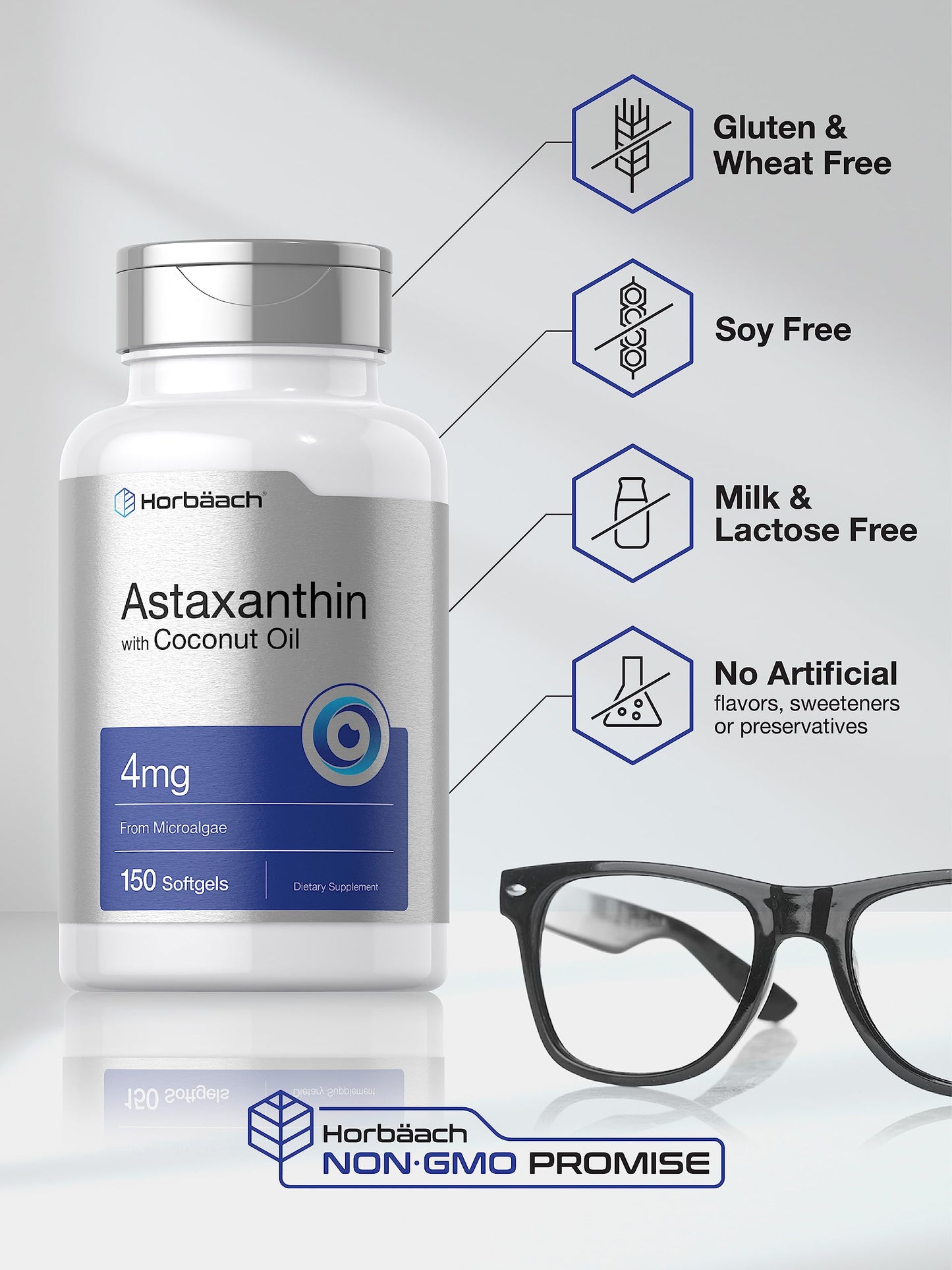Horbäach Astaxanthin 4mg – 150 Softgels | Microalgae-Derived with Coconut Oil | Non-GMO, Gluten & Soy Free