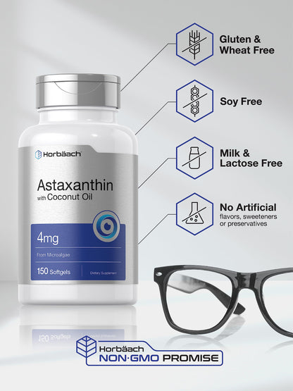 Horbäach Astaxanthin 4mg – 150 Softgels | Microalgae-Derived with Coconut Oil | Non-GMO, Gluten & Soy Free